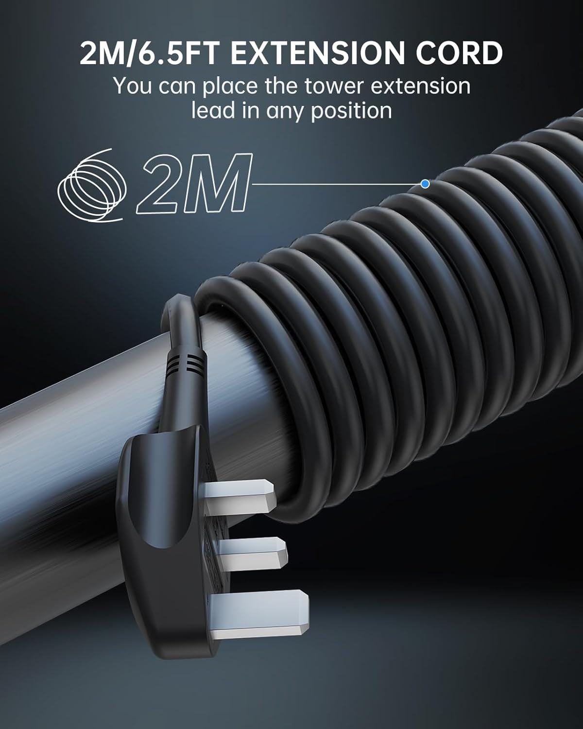 Tower Extension Lead 2M, (13A 3250W) 4 USB Ports and 8 Way Extension Tower, Surge Protection Extension Lead with 4 Independent Control Switch, Extension Cable for Home, Office, Kitchen