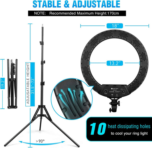 18 Inch LED Ring Light Kit with 73" Tripod Stand and Phone Holder – Adjustable 3200K-6000K Color Temperature, Perfect for Vlogging, Makeup, YouTube, Video Recording, and Selfies