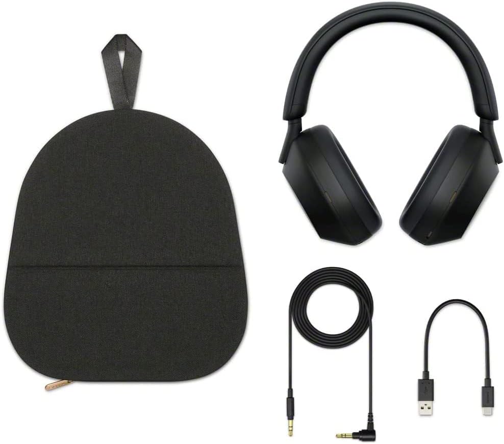 Sony WH-1000XM5 Wireless Noise Canceling Headphones – Auto NC Optimizer, 30-Hour Battery, Alexa Built-In, Black + Deco Gear Pro Audio Headphone Stand (Matte Black/Red)