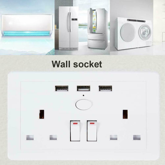 Double Wall Plug Socket – 2 Gang 13A with 2 USB Charger Outlets (UK Standard)