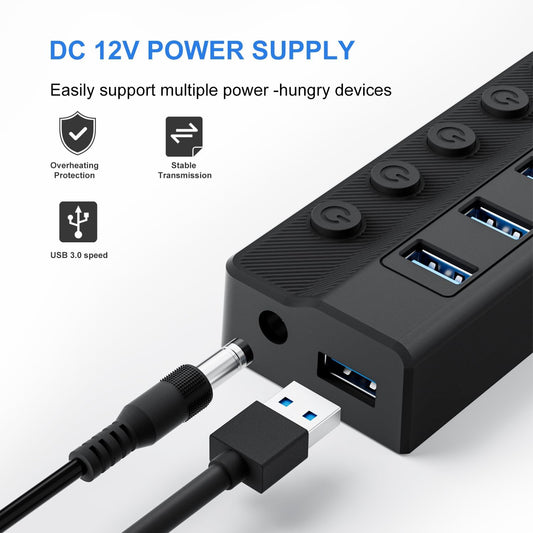 Powered USB Hub 3.0 – 10-Port USB Splitter with Individual On/Off Switches and 12V/2A Power Adapter, USB Extension Hub for PC, Laptop, and More