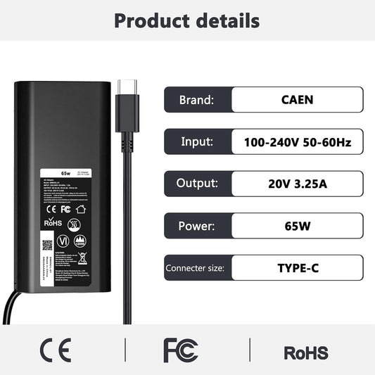 65W/45W USB-C Laptop Charger for Dell Latitude 5530 5420 5430 5520 5540 7430 7420 7440 7340 7530 7330 7320, XPS 13 9250 9360 9365 9370 9380 9350 9550 – Power Adapter with Cord