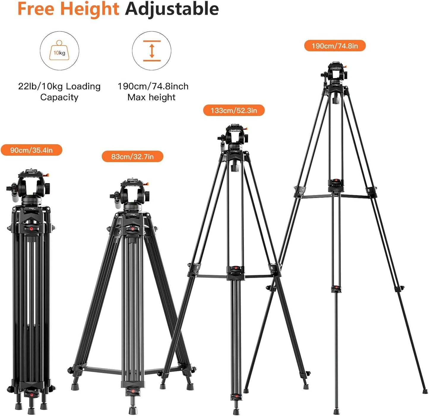 Video Tripod, 74" Professional Metal Heavy Duty Camera Tripods with Adjustable Damping Fluid Head, Dual-Mode QR Plate Compatible with DJI RS4 Manfrotto (Q6 New Fluid Head)