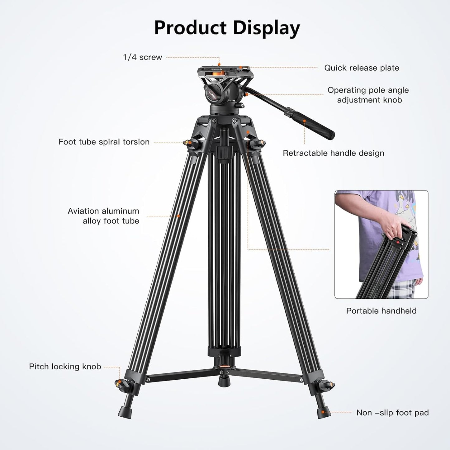 Video Tripod, 74" Professional Metal Heavy Duty Camera Tripods with Adjustable Damping Fluid Head, Dual-Mode QR Plate Compatible with DJI RS4 Manfrotto (Q6 New Fluid Head)