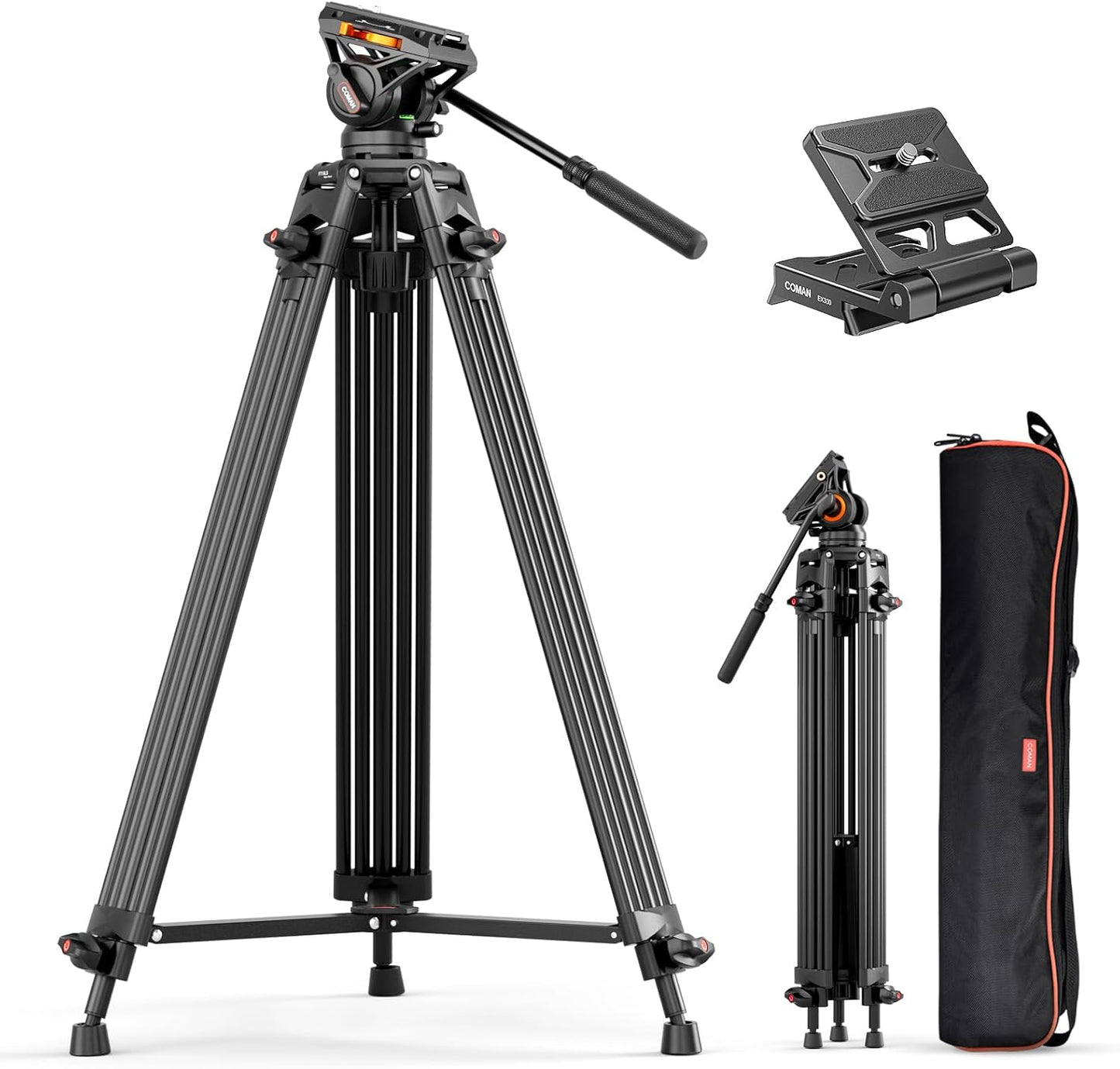 Video Tripod, 74" Professional Metal Heavy Duty Camera Tripods with Adjustable Damping Fluid Head, Dual-Mode QR Plate Compatible with DJI RS4 Manfrotto (Q6 New Fluid Head)