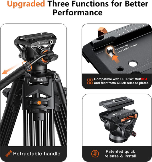 Video Tripod, 74" Professional Metal Heavy Duty Camera Tripods with Adjustable Damping Fluid Head, Dual-Mode QR Plate Compatible with DJI RS4 Manfrotto (Q6 New Fluid Head)