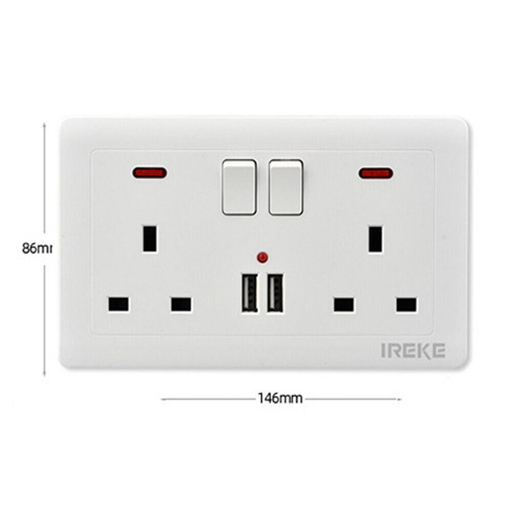 Double Wall Plug Socket – 2 Gang 13A with 2 USB Charger Outlets (UK Standard)