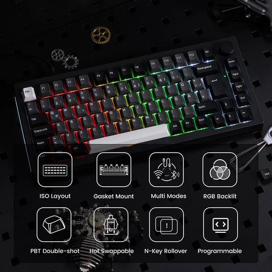 Akko 5075B Plus 75% Mechanical Gaming Keyboard Black & Silver ISO-UK Hot Swap Side LED RGB Multi-Modes 2.4GHz /USB Type-C/BT 5.0