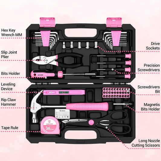 Pink Tool Kit: Tool Set, Pink Hand Tool Kit DIY for Women 62 Pieces, Ladies Tool Box for Home