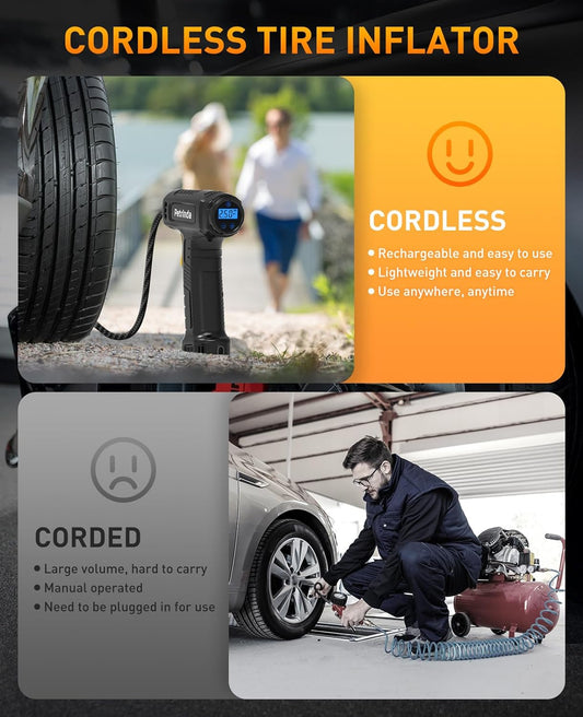 Cordless Tyre Inflator Air Compressor, Portable Handheld Rechargeable Battery Tyre Pump with Digital Pressure Gauge, Electric Tyre Inflator with LED Light & 4 Nozzle for Car, Motorcycle Bike