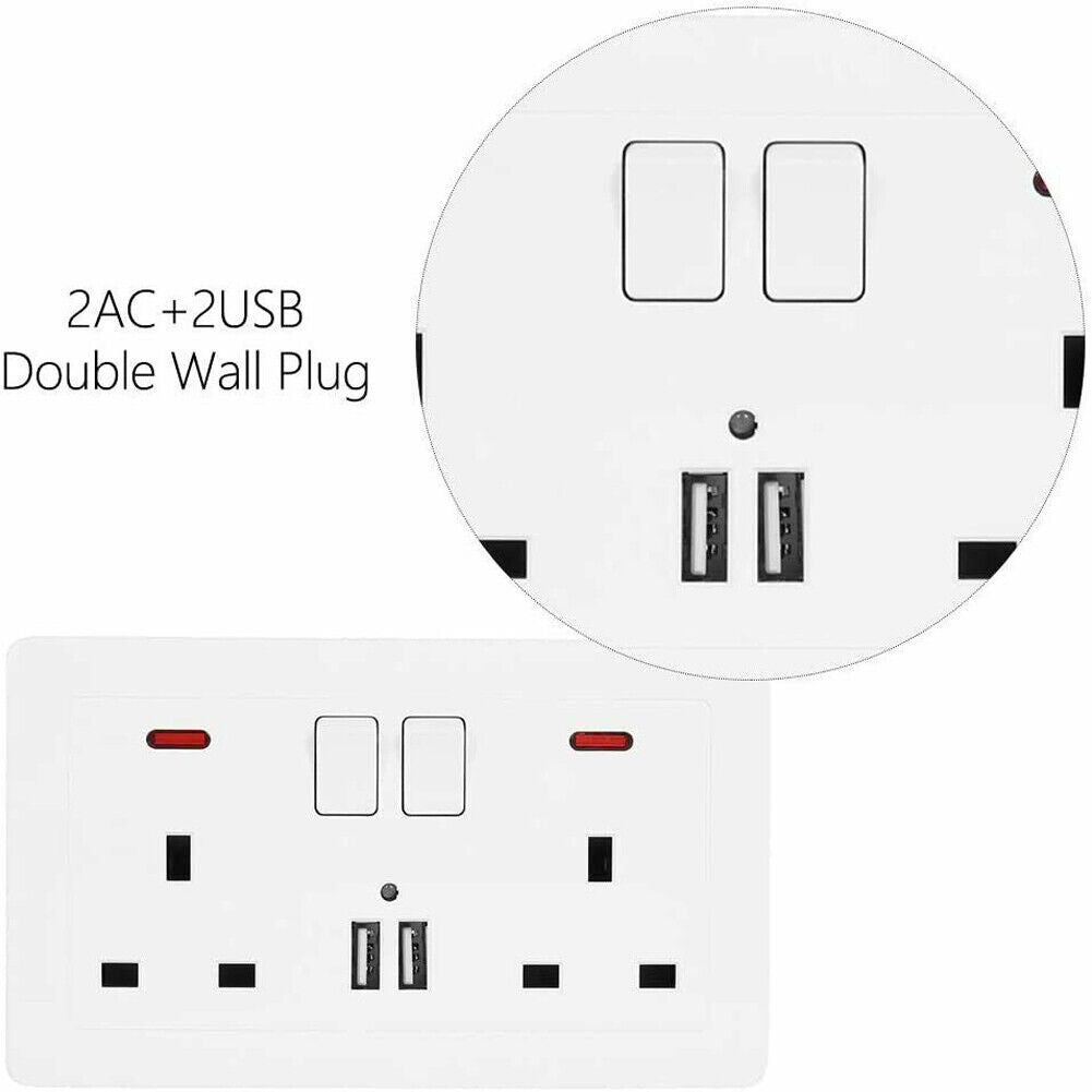 Double Wall Plug Socket – 2 Gang 13A with 2 USB Charger Outlets (UK Standard)