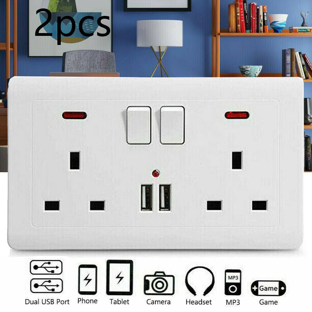 Double Wall Plug Socket – 2 Gang 13A with 2 USB Charger Outlets (UK Standard)