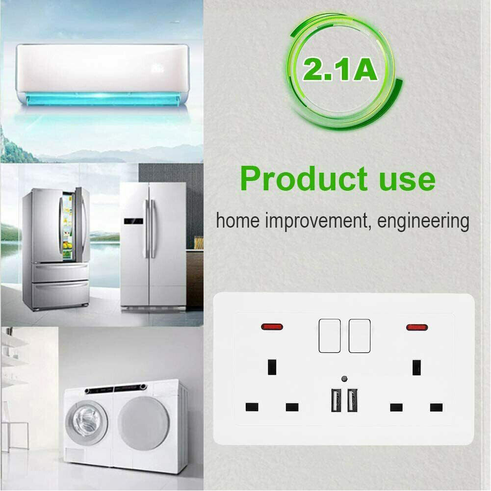 Double Wall Plug Socket – 2 Gang 13A with 2 USB Charger Outlets (UK Standard)