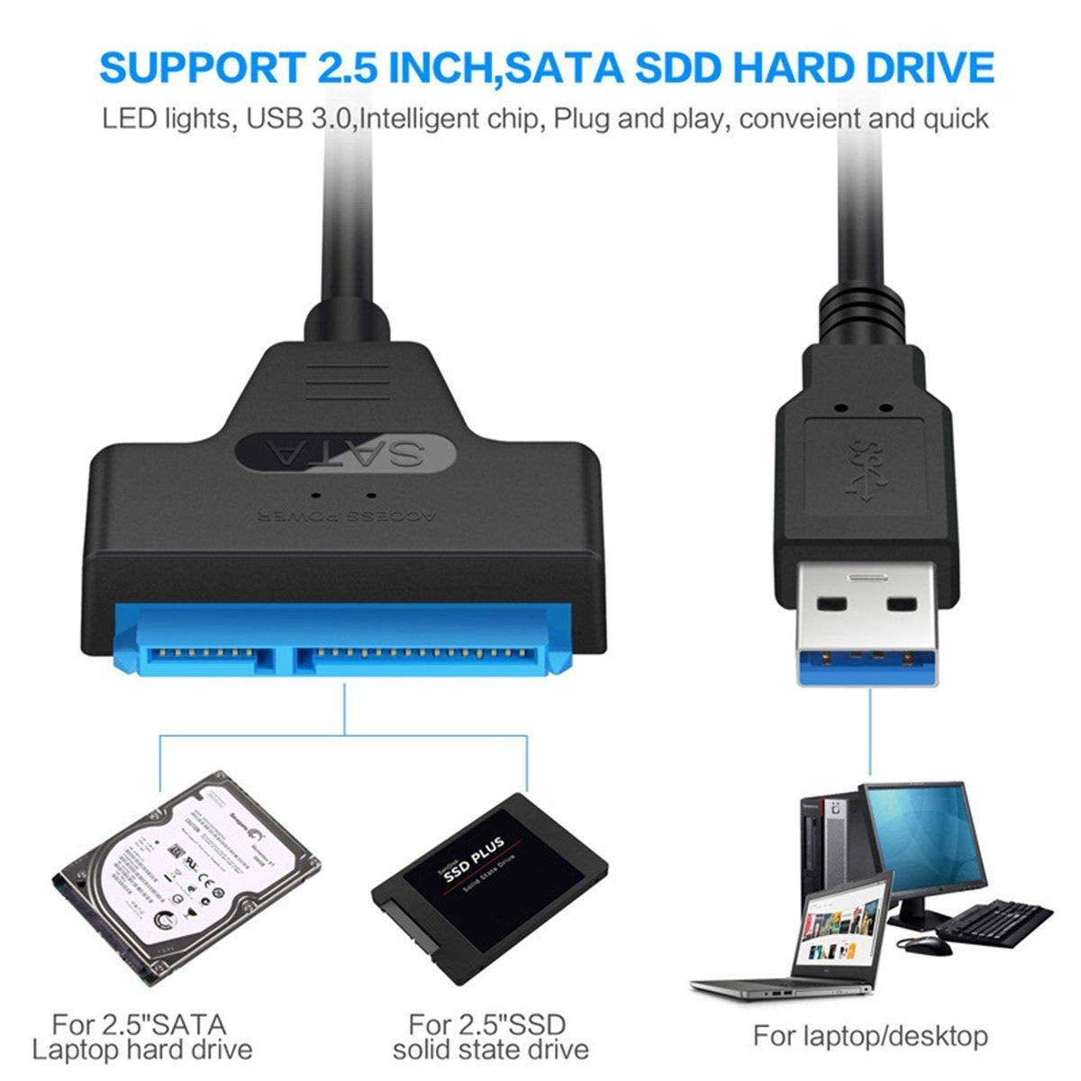 USB 3.0 to SATA 22 Pin 2.5 Inch Hard Disk Drive SSD Adapter Connector Lead Cable SATA III