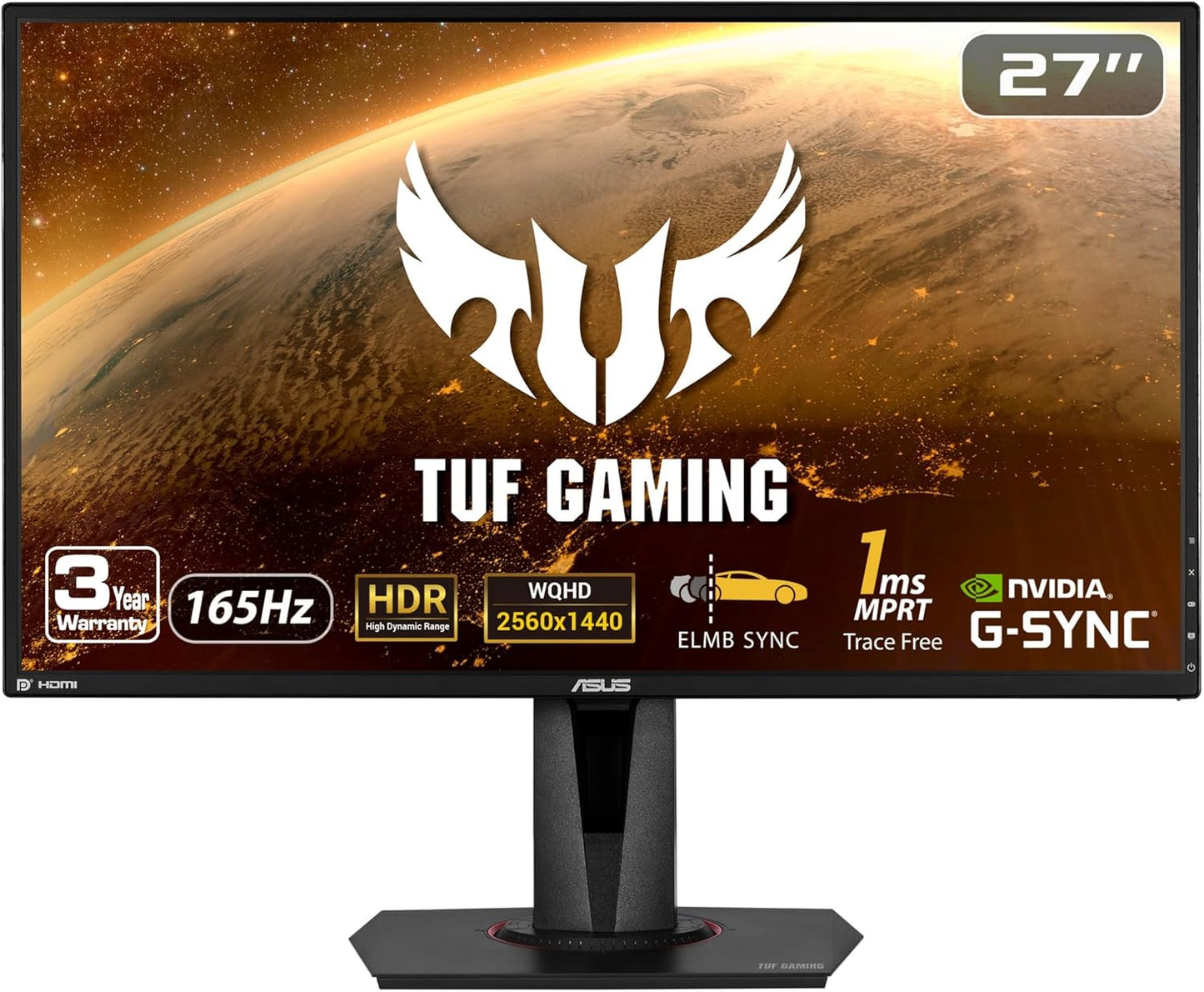ASUS TUF Gaming 27" 2K HDR Monitor (VG27AQ) – QHD 2560x1440, 165Hz (144Hz Supported), 1ms Response Time, G-SYNC Compatible, ELMB, VESA Mount, DisplayPort, HDMI, Built-in Speakers – Black