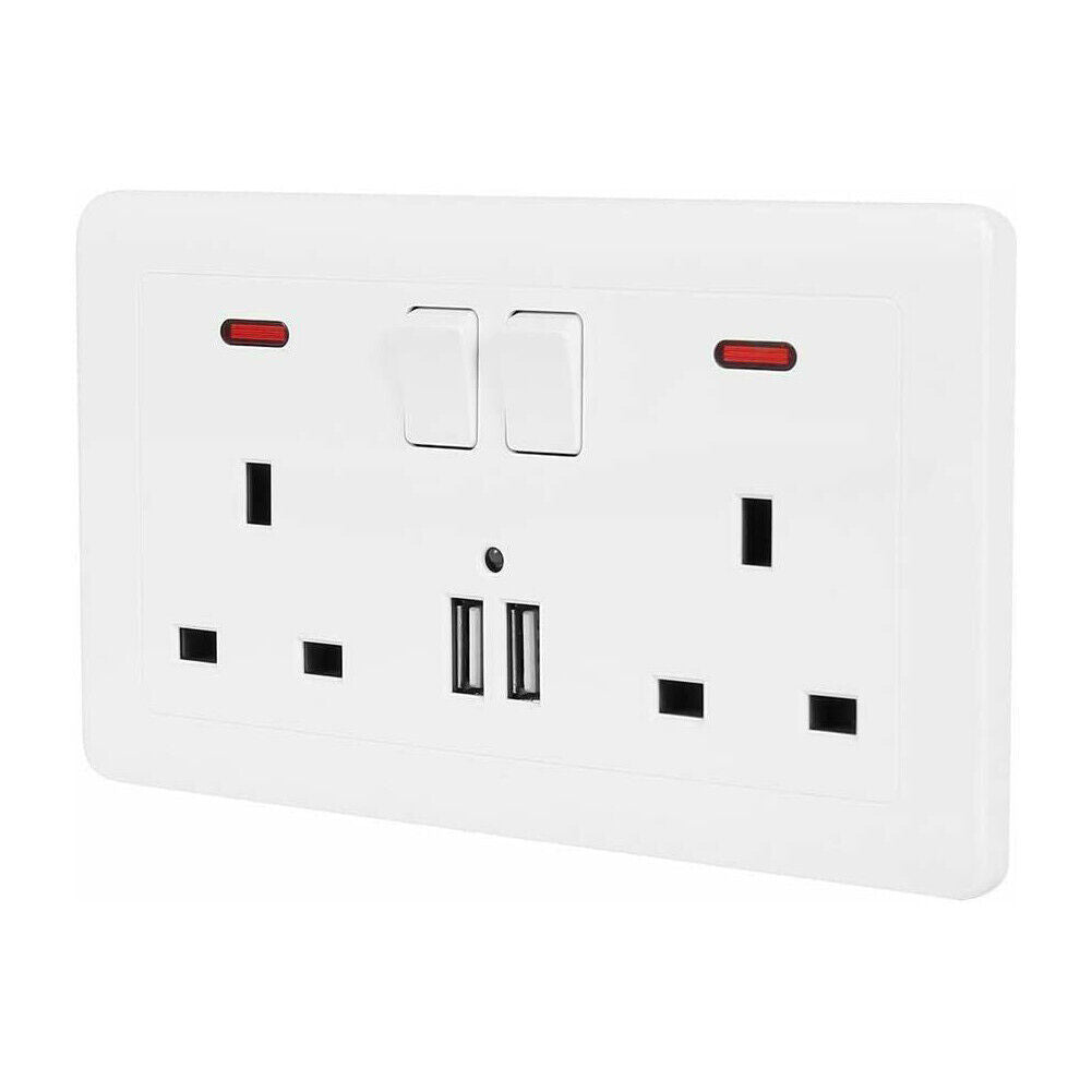 Double Wall Plug Socket – 2 Gang 13A with 2 USB Charger Outlets (UK Standard)