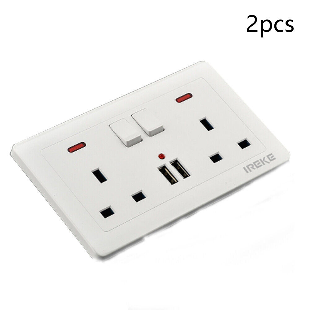 Double Wall Plug Socket – 2 Gang 13A with 2 USB Charger Outlets (UK Standard)