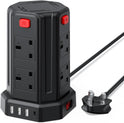 Tower Extension Lead 2M, (13A 3250W) 4 USB Ports and 8 Way Extension Tower, Surge Protection Extension Lead with 4 Independent Control Switch, Extension Cable for Home, Office, Kitchen