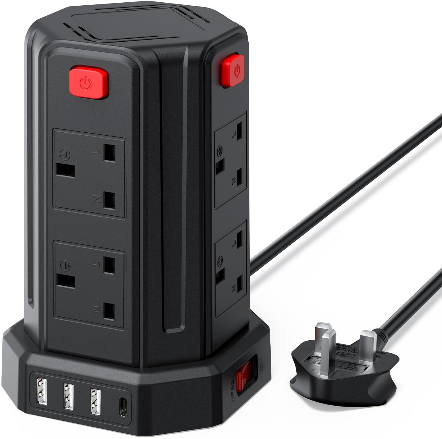 Tower Extension Lead 2M, (13A 3250W) 4 USB Ports and 8 Way Extension Tower, Surge Protection Extension Lead with 4 Independent Control Switch, Extension Cable for Home, Office, Kitchen