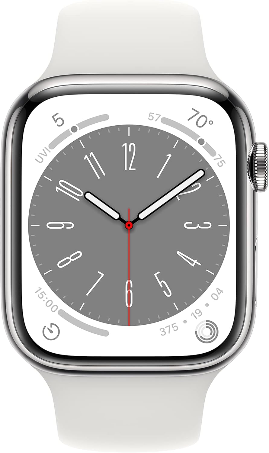 Apple Watch Series 8 [GPS + Cellular, 45mm] – Silver Stainless Steel Case with White Sport Band (M/L) + AppleCare+ 2-Year Coverage