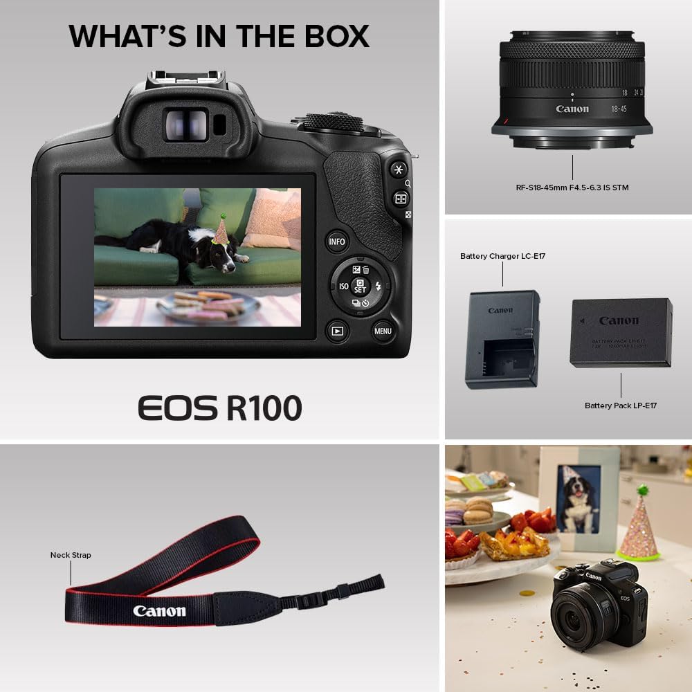 Canon EOS R100 Mirrorless Camera with RF-S 18–45mm Lens Kit 24.1MP APS-C CMOS Sensor | 4K Video | Dual Pixel AF | Compact RF Mount System