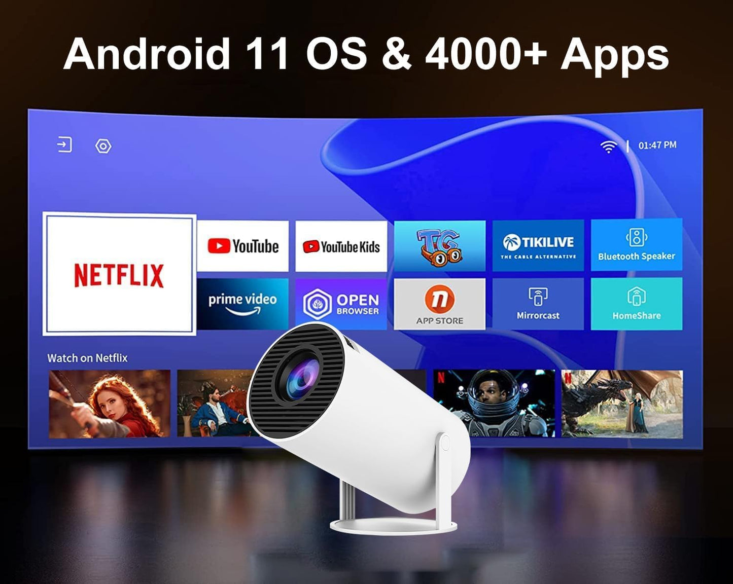 [Auto Keystone] HY300 Smart Projector with Android TV 11.0, 5G Wifi Bluetooth Projector 4K Supported,Mini Portable Outdoor Movie Projector Compatible Com Apple,Ios,Android (White)