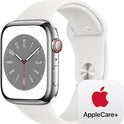 Apple Watch Series 8 [GPS + Cellular, 45mm] – Silver Stainless Steel Case with White Sport Band (M/L) + AppleCare+ 2-Year Coverage
