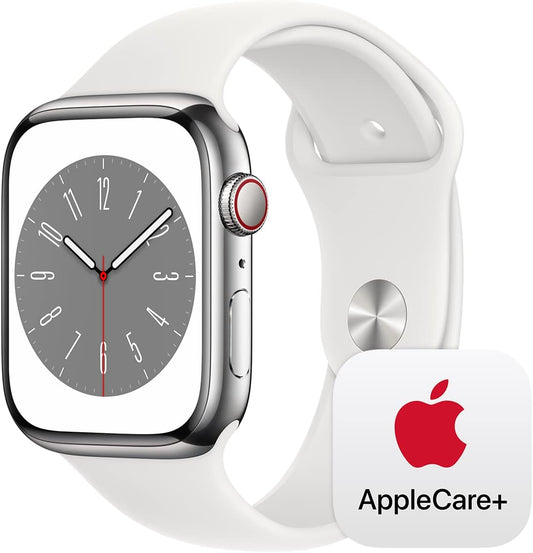 Apple Watch Series 8 [GPS + Cellular, 45mm] – Silver Stainless Steel Case with White Sport Band (M/L) + AppleCare+ 2-Year Coverage