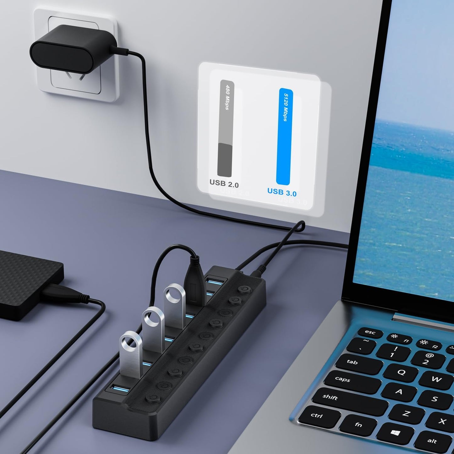 Powered USB Hub 3.0 – 10-Port USB Splitter with Individual On/Off Switches and 12V/2A Power Adapter, USB Extension Hub for PC, Laptop, and More