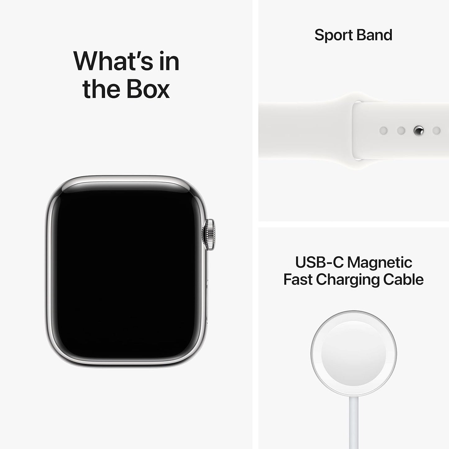 Apple Watch Series 8 [GPS + Cellular, 45mm] – Silver Stainless Steel Case with White Sport Band (M/L) + AppleCare+ 2-Year Coverage