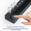 Powered USB Hub 3.0 – 10-Port USB Splitter with Individual On/Off Switches and 12V/2A Power Adapter, USB Extension Hub for PC, Laptop, and More