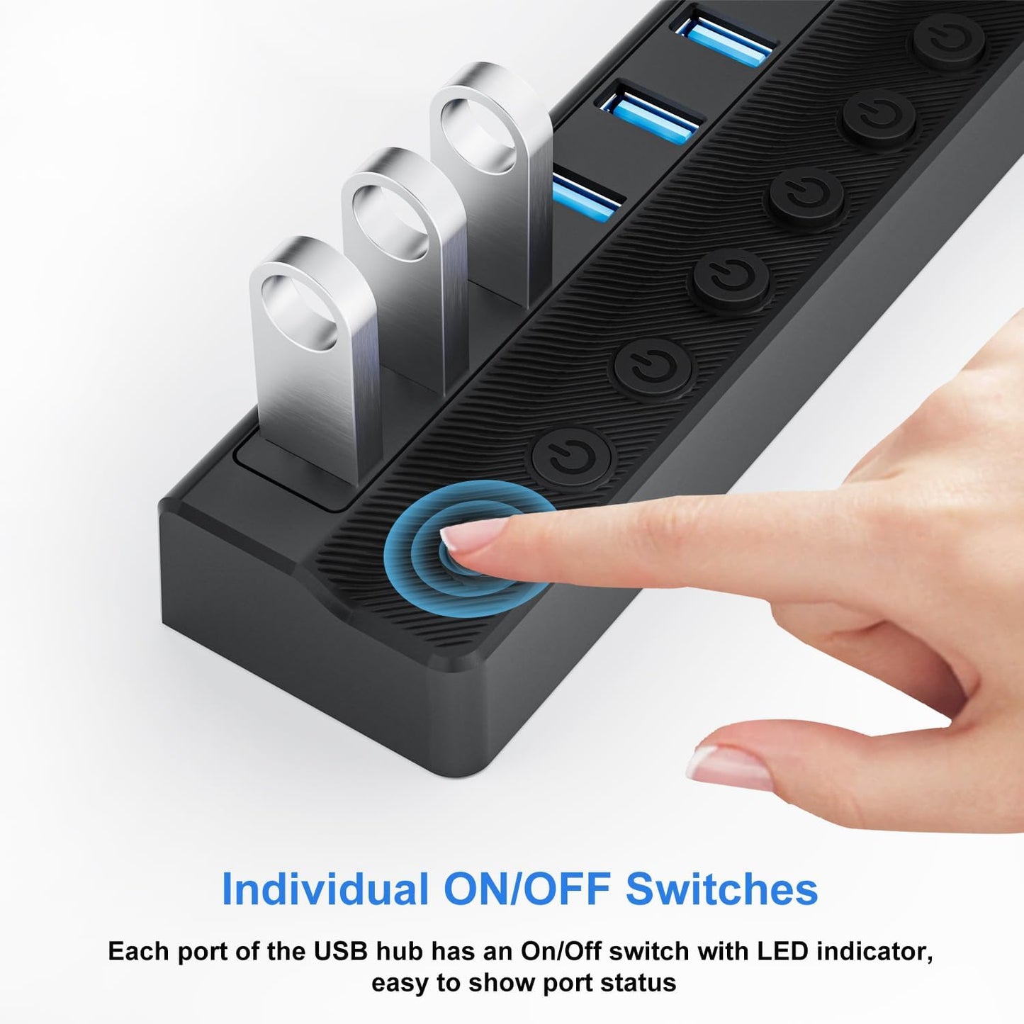 Powered USB Hub 3.0 – 10-Port USB Splitter with Individual On/Off Switches and 12V/2A Power Adapter, USB Extension Hub for PC, Laptop, and More