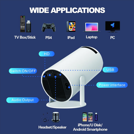 [Auto Keystone] HY300 Smart Projector with Android TV 11.0, 5G Wifi Bluetooth Projector 4K Supported,Mini Portable Outdoor Movie Projector Compatible Com Apple,Ios,Android (White)