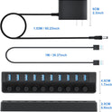 Powered USB Hub 3.0 – 10-Port USB Splitter with Individual On/Off Switches and 12V/2A Power Adapter, USB Extension Hub for PC, Laptop, and More
