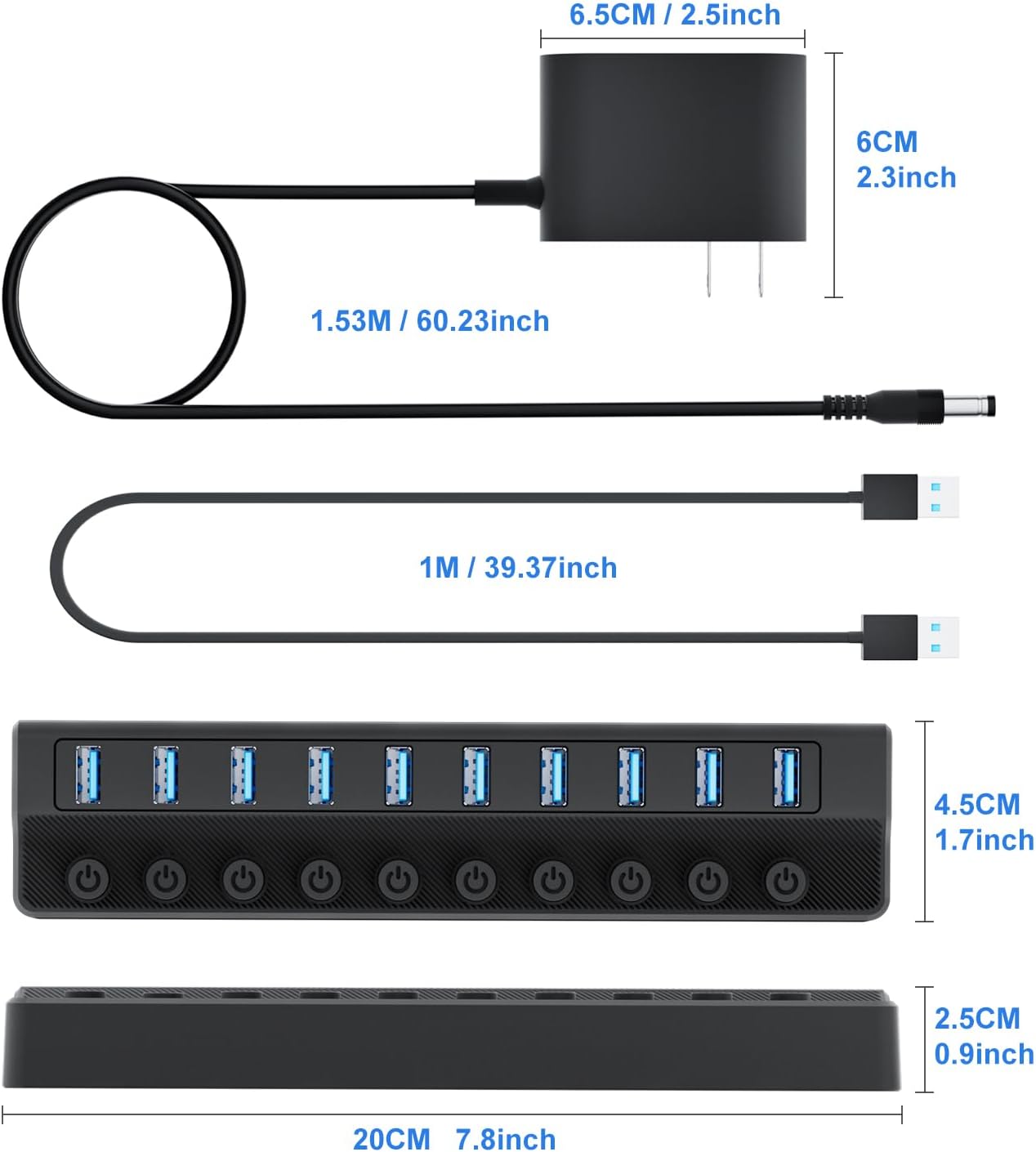 Powered USB Hub 3.0 – 10-Port USB Splitter with Individual On/Off Switches and 12V/2A Power Adapter, USB Extension Hub for PC, Laptop, and More