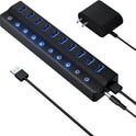Powered USB Hub 3.0 – 10-Port USB Splitter with Individual On/Off Switches and 12V/2A Power Adapter, USB Extension Hub for PC, Laptop, and More