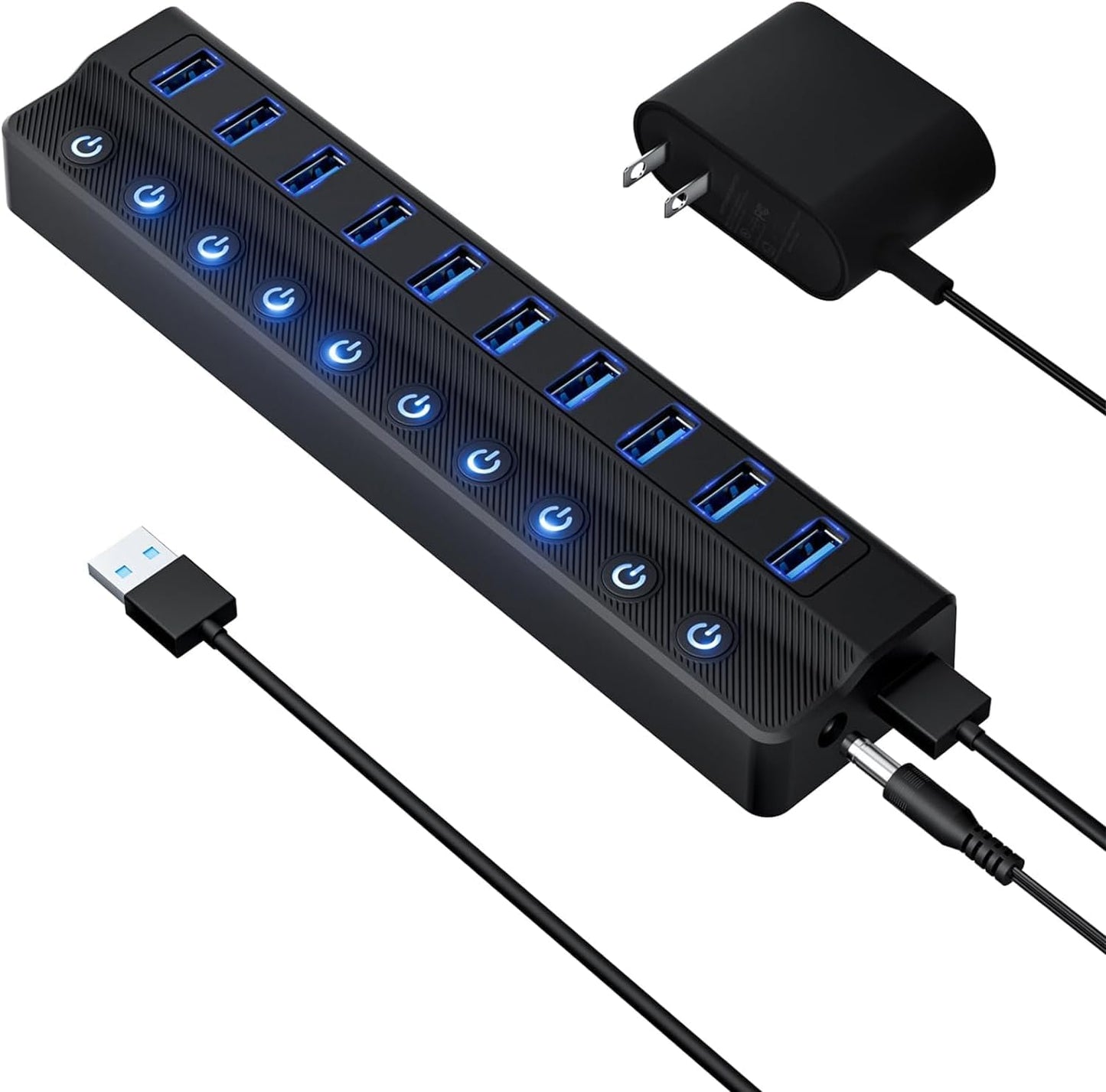 Powered USB Hub 3.0 – 10-Port USB Splitter with Individual On/Off Switches and 12V/2A Power Adapter, USB Extension Hub for PC, Laptop, and More