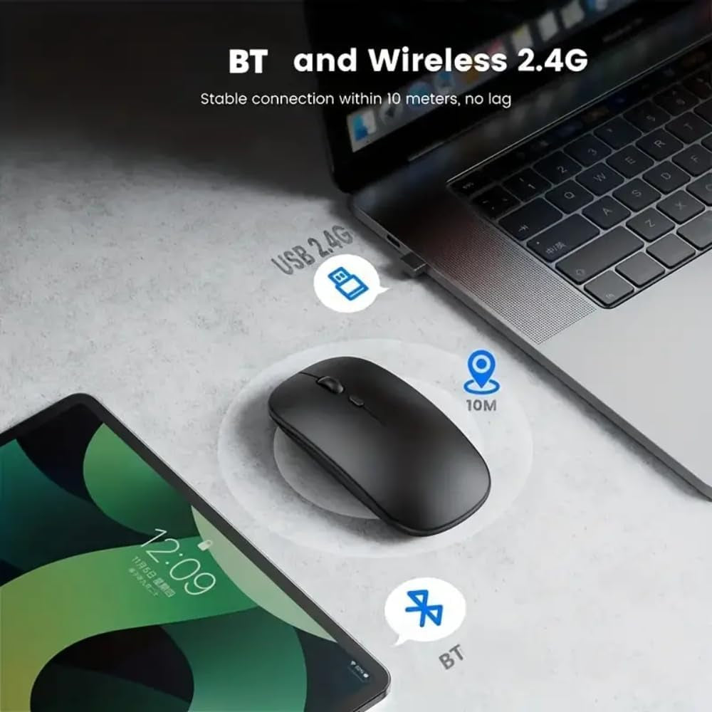 Ultra Thin Black 2.4Ghz Wireless Rechargeable Scroll Wheel Silent Optical Cordless Mouse for Computer PC Laptop Tablets Premium Slim Silent Mice for Gaming Travel Office Work with USB Adapter