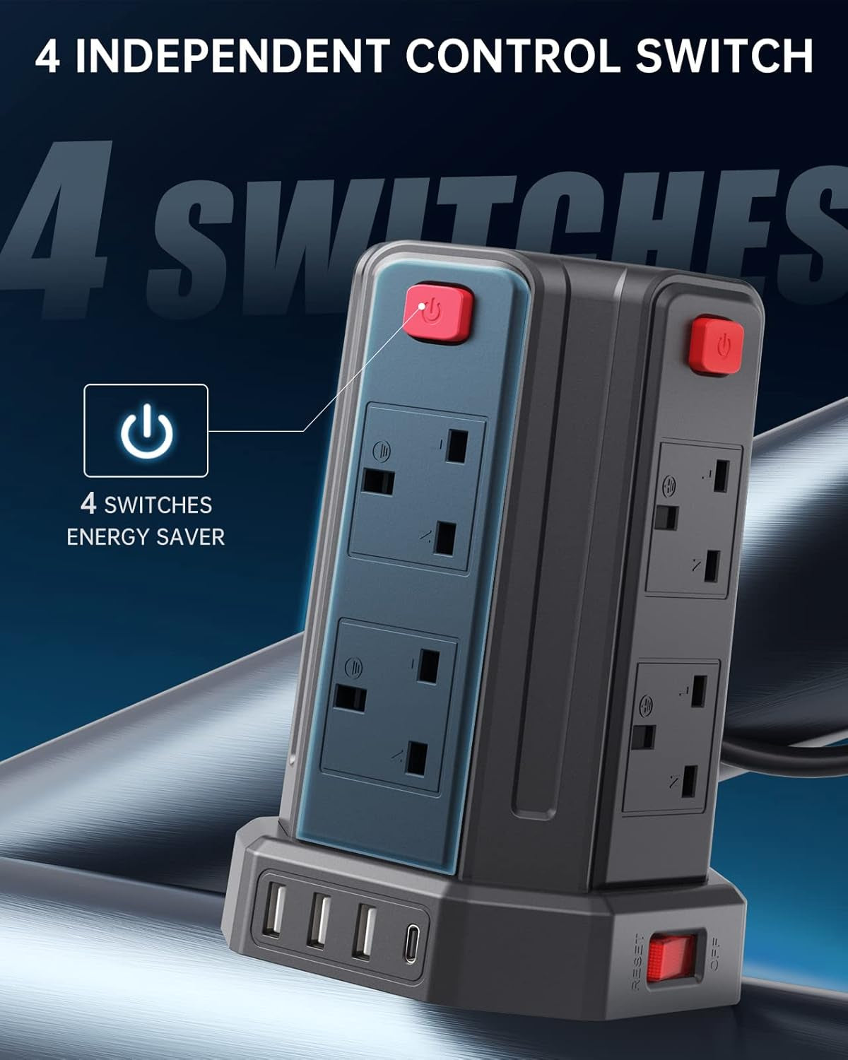 Tower Extension Lead 2M, (13A 3250W) 4 USB Ports and 8 Way Extension Tower, Surge Protection Extension Lead with 4 Independent Control Switch, Extension Cable for Home, Office, Kitchen