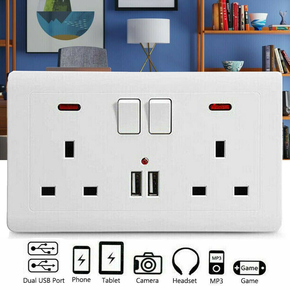 Double Wall Plug Socket – 2 Gang 13A with 2 USB Charger Outlets (UK Standard)