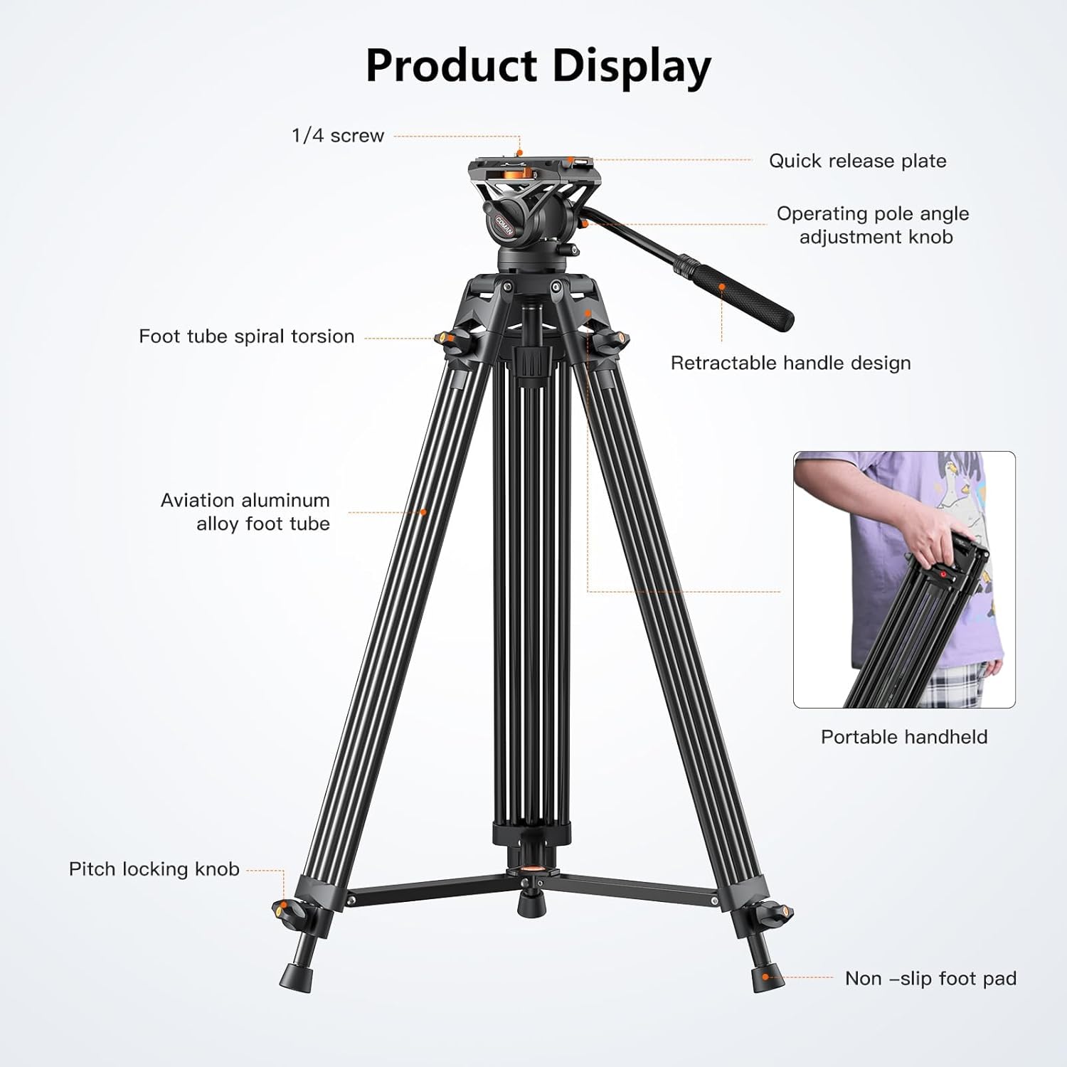 Video Tripod,  74" Professional Metal Heavy Duty Camera Tripods with Adjustable Damping Fluid Head, Dual-Mode QR Plate Compatible with DJI RS4 Manfrotto (Q6 New Fluid Head)