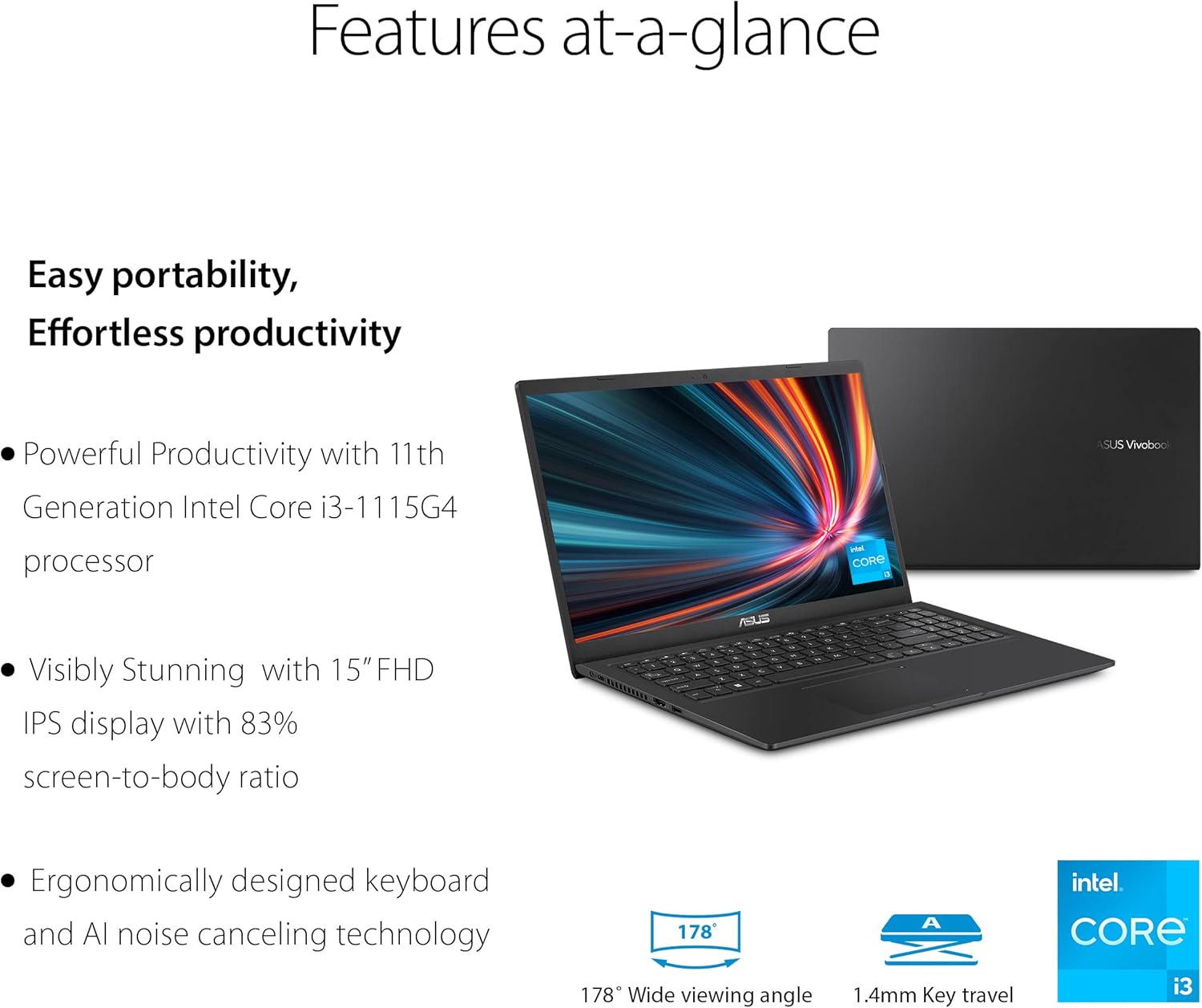  ASUS Vivobook 15 F1500EA Slim Laptop – 15.6” FHD, Intel Core i3-1115G4, 4GB RAM, 128GB NVMe SSD, Windows 11 Home in S Mode, Indie Black