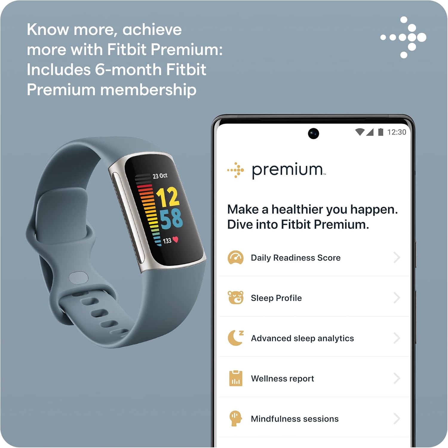 Fitbit Charge 5 Advanced Health & Fitness Tracker – Built-In GPS, Stress Management Tools, Sleep Tracking, 24/7 Heart Rate Monitoring, Mineral Blue with Steel Blue/Platinum Bands (S & L)