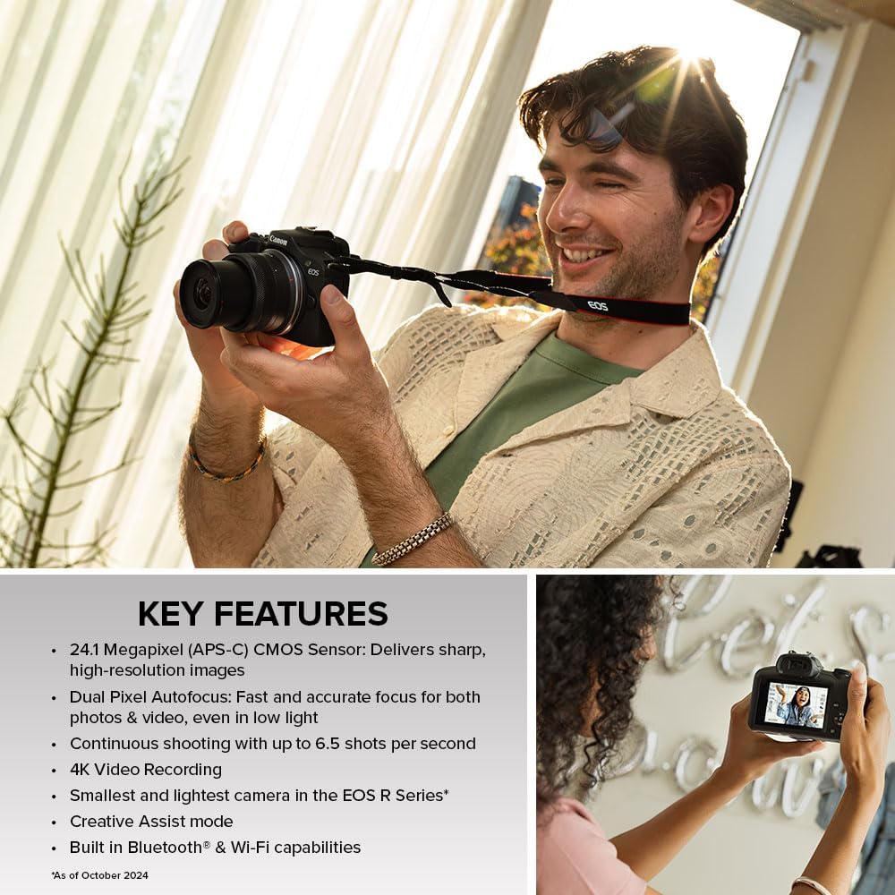  Canon EOS R100 Mirrorless Camera with RF-S 18–45mm Lens Kit 24.1MP APS-C CMOS Sensor | 4K Video | Dual Pixel AF | Compact RF Mount System
