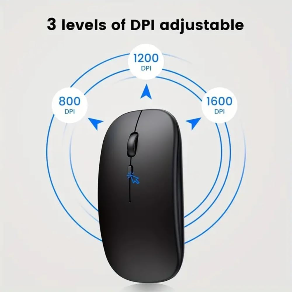Ultra Thin Black 2.4Ghz Wireless Rechargeable Scroll Wheel Silent Optical Cordless Mouse for Computer PC Laptop Tablets Premium Slim Silent Mice for Gaming Travel Office Work with USB Adapter