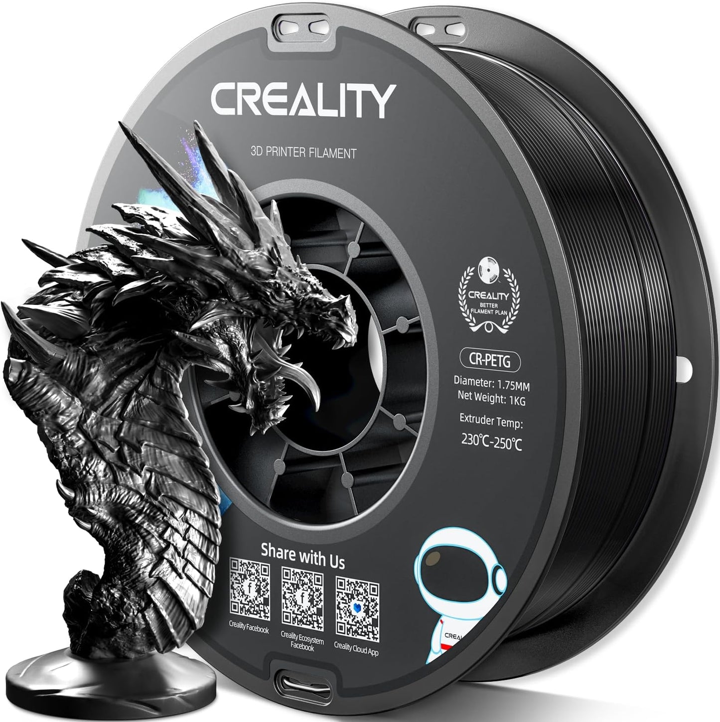 Official CR PETG 3D Printer Filament 1.75mm, 1KG (2.2lbs) – Black, High Precision, Strong Toughness, Odorless, Moisture-Resistant 3D Printing Filament for Ender Series