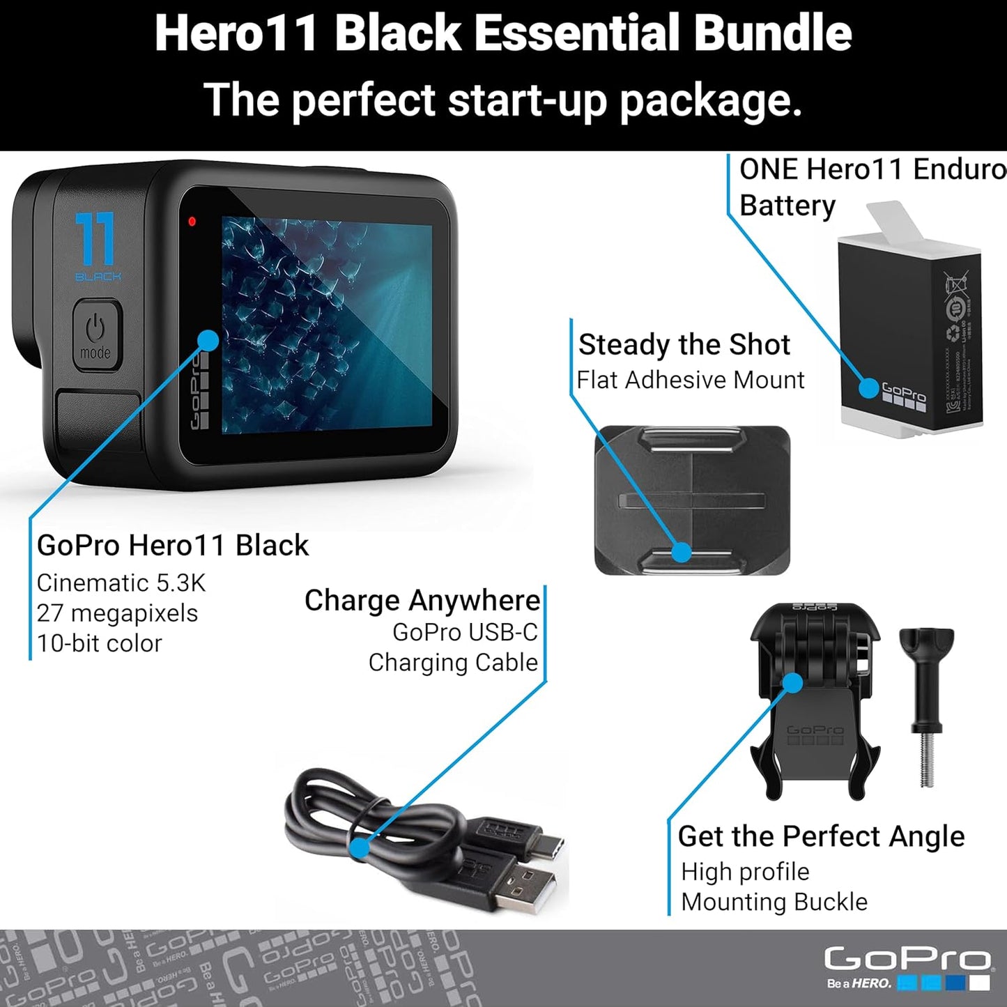 GoPro HERO11 Black Action Camera – Waterproof, 5.3K60 Ultra HD Video, 27MP Photos, 1/1.9" Image Sensor, HyperSmooth Stabilization, Live Streaming, Webcam – E-Commerce Packaging