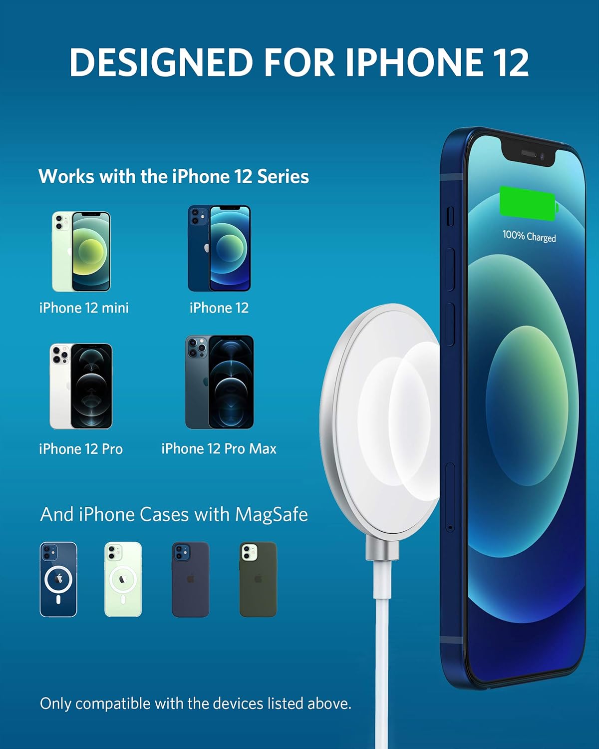 Anker Magnetic Wireless Charger, 7.5W MagSafe Compatible Charging Pad with 5ft USB-C Cable, PowerWave Magnetic Pad for iPhone 13, 13 Pro, 13 Pro Max, 13 Mini, 12, 12 Pro (No AC Adapter)