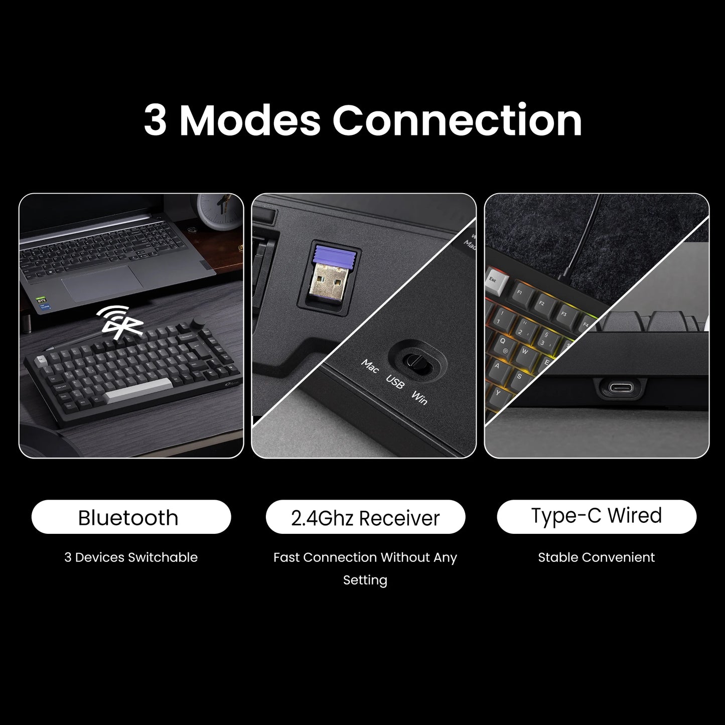 Akko 5075B Plus 75% Mechanical Gaming Keyboard Black & Silver ISO-UK Hot Swap Side LED RGB Multi-Modes 2.4GHz /USB Type-C/BT 5.0