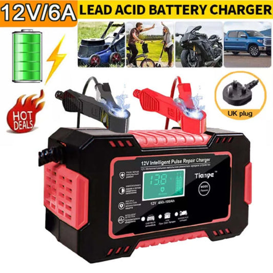 12V 6A Smart Car Battery Charger – Automatic Fast Charger with Pulse Repair & LCD Display